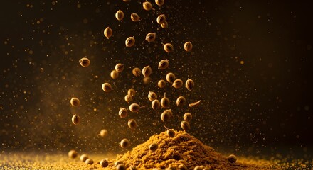 Golden coriander seeds cascade into fragrant spice pile, culinary magic unfolds