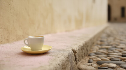 A coffee cup on a yellow saucer rests on a cobblestone path beside a textured wall, creating a warm and inviting atmosphere for coffee lovers