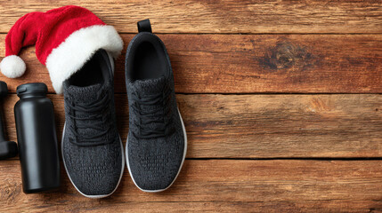 Festive black athletic shoes are paired with a red and white Santa hat, a black water bottle, and a dumbbell, creating a holiday-themed workout scene on rustic wooden background
