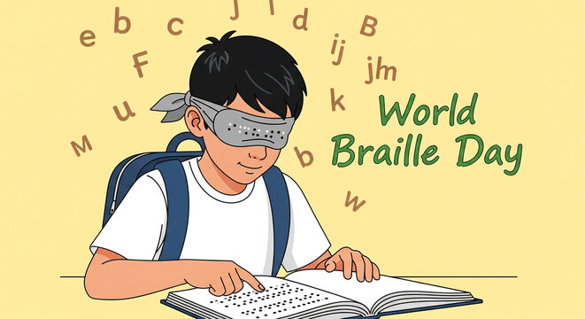 A cartoon illustration depicts a young boy, likely around 8-10 years old, with dark hair, wearing a white t-shirt and a navy blue backpack