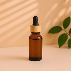 Naklejka premium The small brown glass bottle of essential oil with a dropper is framed by green leaves, suggesting natural aromatherapy and beauty