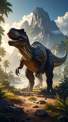 Digitally crafted Tyrannosaurus rex in lush, mountainous prehistoric jungle