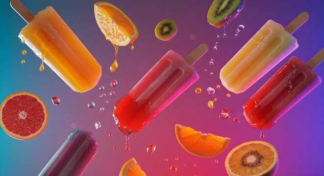 Vibrant fruit popsicles melting, splashing juice and juicy citrus slices on gradient background