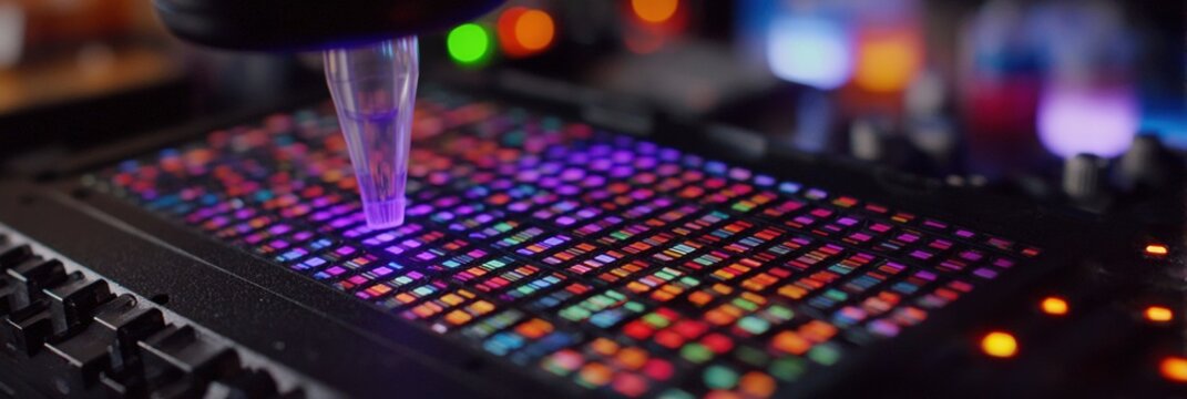 Vibrant lights and colors enhance the atmosphere in a sound studio as a user works with a futuristic device for music creation and mixing.