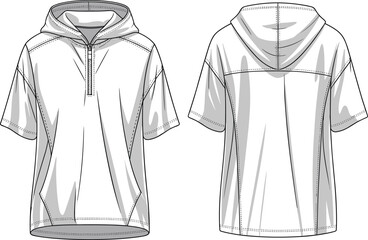 Technical flat sketch short sleeve hooded pullover, half zip front, fashion apparel design template, garment vector illustration, clothing production drawing, sportswear hoodie top © Shami's World