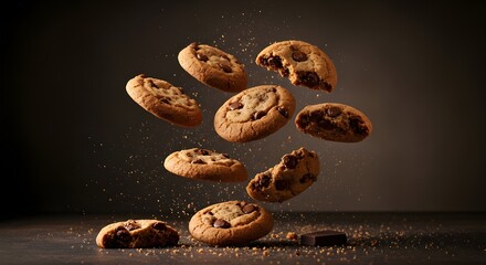 Delicious chocolate chip cookies levitating with crumbs, a perfect snack sensation
