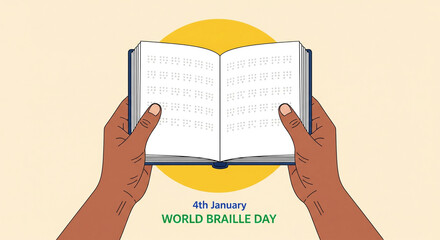 Fototapeta premium An illustration depicting a pair of brown hands holding open a book with pages of Braille. The book is centered and has a navy blue binding