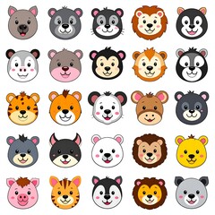 Fototapeta premium Collection of cartoon animal faces, round with happy expressions