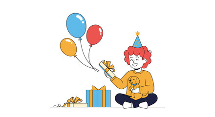 Fototapeta premium A happy clown is opening a birthday gift surrounded by balloons and presents.