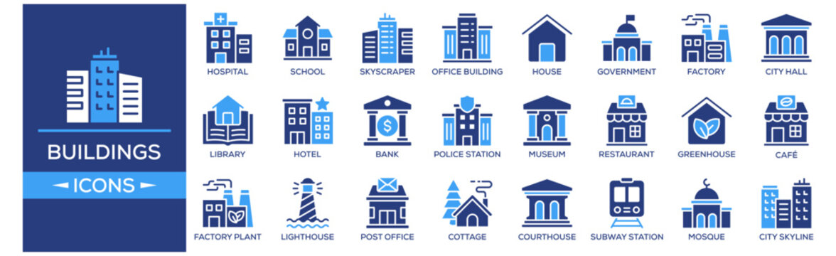 Buildings icon set. Containing design Hospital, School, Skyscraper, Office Building, House. Solid icon collection.