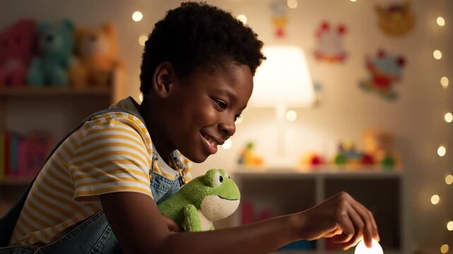 child holding plush frog in bedroom. smile and toy visible near lamp and shelf. overalls worn during bedtime play. soft light and stuffed animal present. nursery furniture and toy storage visible.