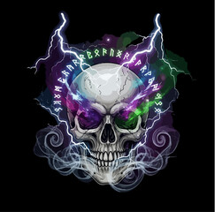 Mystical Skull T-Shirt Design – Cosmic Energy, Glowing Runes, Lightning and Smoke Effects, Fantasy Vector Illustration for Apparel