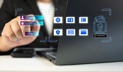 Login screen interface on laptop showing username and password fields. User authentication system with username and password