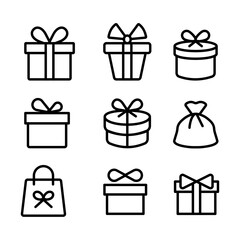 
An illustration depicting a set of gift icons with a bow, in a black outline, on a white background.