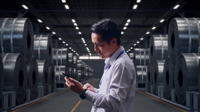 Side View Of An Asian Male Professional Worker Standing With His Smartphone with Stacks of Huge Metal Steel Coils in Warehouse, Checking On His Smartphone With Meditation