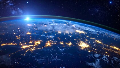 A vibrant view of Earth from space, showcasing the nighttime illumination of cities beneath the celestial glow of a sunrise. The atmosphere appears to curve over