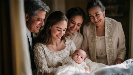 Baby dressed in white gown, surrounded by family in soft cream and blush pink attire, sunlight creating ethereal glow on baptismal font