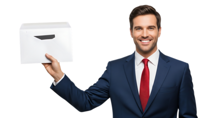 Smiling businessman holding a white envelope isolated on transparent background