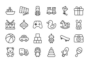 Flat Cute Vector Illustrations of Children’s Toys and Playtime Objects in Soft Pastel Colors | Teddy Bear, Toy Car, Robot, Kite, and Gift Box