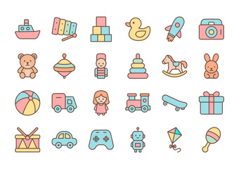 Flat Cute Vector Illustrations of Children’s Toys and Playtime Objects in Soft Pastel Colors | Teddy Bear, Toy Car, Robot, Kite, and Gift Box