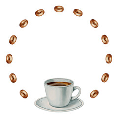 Hand painted watercolor illustration of a coffee cup inside a decorative wreath of floating beans. Ideal for coffee shops, cafes, store branding, packaging, and menu design