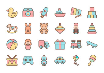 Flat Cute Vector Illustrations of Children’s Toys and Playtime Objects in Soft Pastel Colors | Teddy Bear, Toy Car, Robot, Kite, and Gift Box