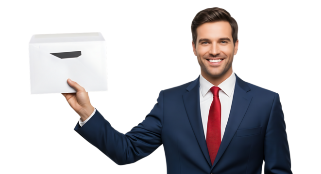 Smiling businessman holding a white envelope isolated on transparent background