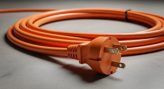 Bright orange heavy duty electrical extension cord coiled on grey surface power utility connection energy supply construction home tool equipment