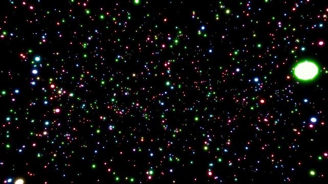 Parallax effect of glowing colorful particles rotating seamlessly against a black background 3d render. Looping abstract rotating particle overlay for greetings, holidays, weddings, awards, Christmas