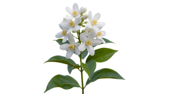 Delicate white star shaped blossoms on a green stem with leaves - Powered by Adobe
