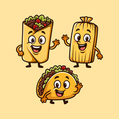 fun cute burrito tamales and taco colored cartoon character isolated drawing line style sketch classic vintage design illustration