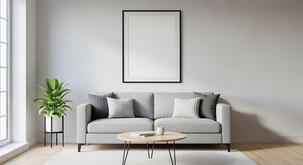 Modern living room featuring a grey sofa with decorative cushions, minimalist decor, and a plant