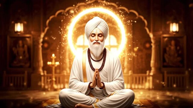 Spiritual portrait of Guru Nanak Dev Ji in a serene meditative state with a radiant halo of divine light