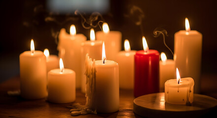 A group of glowing candles with flickering flames and wisps of smoke in a dark, intimate setting.
