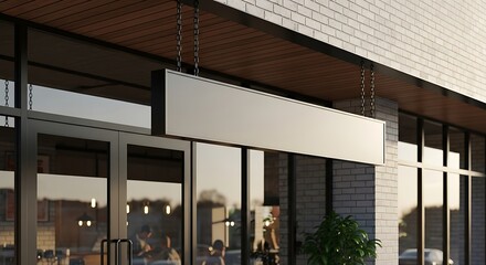 Modern storefront with a blank sign, evening ambiance, diners visible inside, urban setting