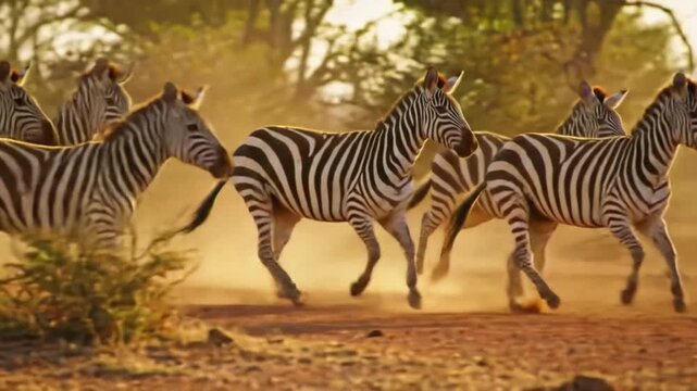 Slow-motion of zebras running along a dusty trail.