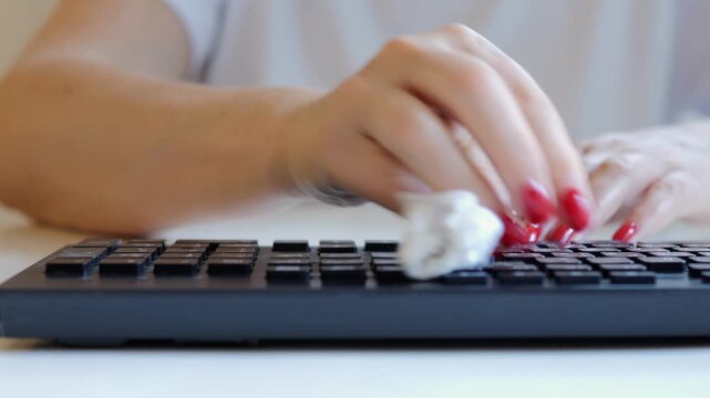 Black keyboard with a white background. A person is typing on the keyboard. The person is wearing a white shirt
