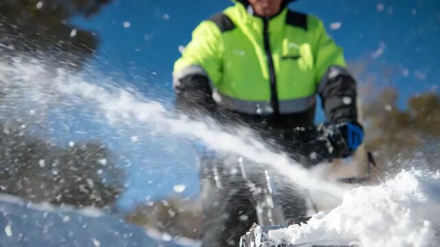 Detail of snow blower engine and spinning blades, municipal worker in high-visibility jacket seen partially, snow particles flying