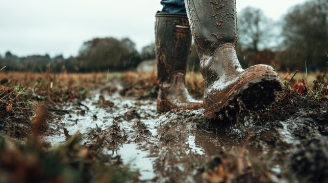 Boots crush autumn mud in a grungy field during overcast weather.