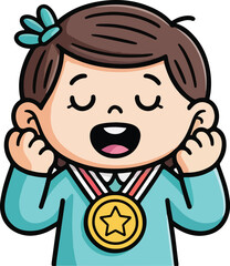 Girl Enjoying Award Medal Pretend Play Cartoon Clip Art Drawing Vector Illustration – Cute Child Celebrating Achievement and Success.