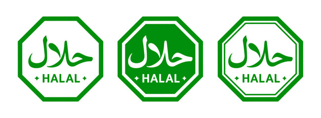 Fototapeta premium Halal icons and logos set featuring octagonal seals for food, drinks and products certified according to Islamic standards. Vector illustration in green and white colors.