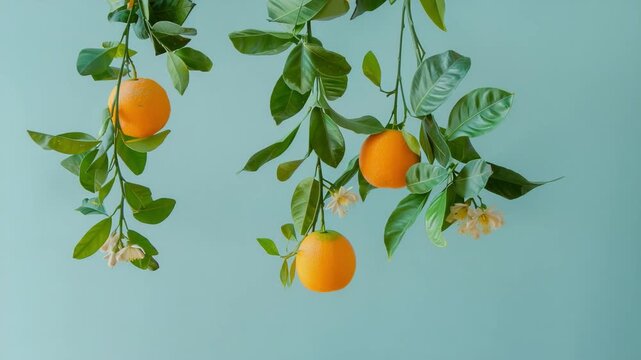 A leaves and flowers of the yerba mate herbs, and leaves and an orange, hanging upside down, Generative AI Videos.