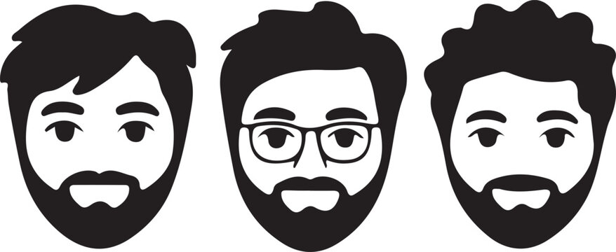 Three diverse bearded men faces in black and white illustration