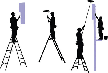 Flat vector illustration of painters on ladders painting wall with rollers, teamwork, construction, renovation concept © MD