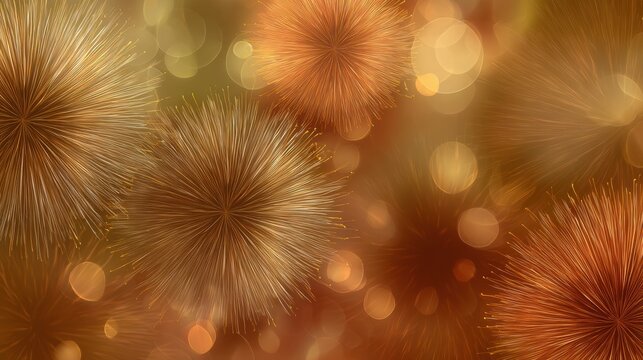 Warm golden and orange spheres float in a dreamy background filled with soft bokeh lights, creating a festive and vibrant ambiance for special occasions. - Powered by Adobe