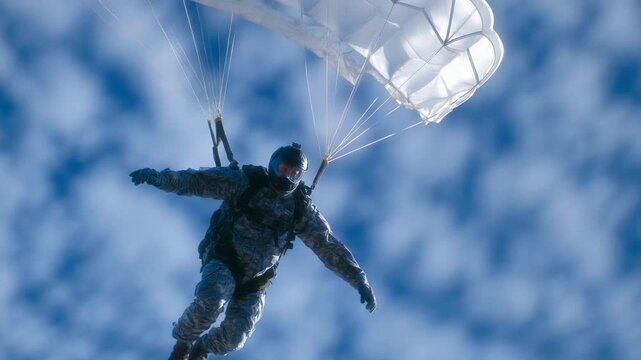 Dramatic perspective from below, parachutist silhouetted against bright blue sky, canopy fully open, motion and thrill emphasized