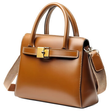 Elegant leather handbag golden buckle isolated transparent background modern womens fashion accessory flat lay