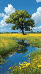 Idyllic Countryside Landscape with a Solitary Tree, Yellow Wildflowers, and a Reflective Stream under a Bright Blue Sky with Fluffy White Clouds,