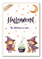 Watercolor frame with “Halloween” lettering, witches, a bubbling cauldron, and a glowing moon in a whimsical style. Perfect for Halloween cards, invitations, and festive decorations.