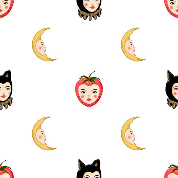 Seamless pattern of cute devils and angels, tattoos, people in strawberries, moon, circus, hand drawn illustration for kids on transparent background.